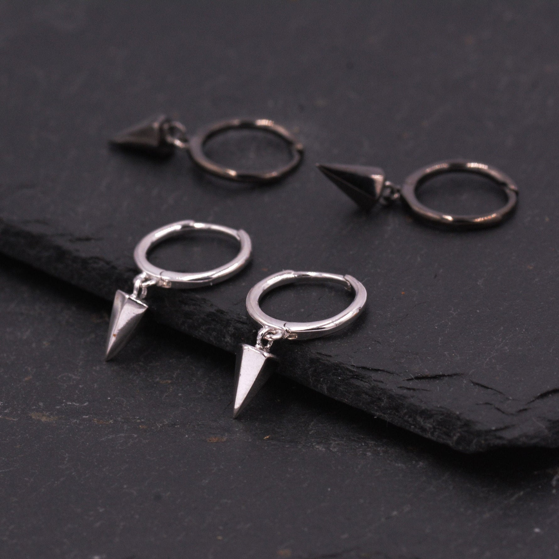 Dangling Spike Dagger Huggie Hoop Earrings in Sterling Silver, Dangle Hoop Earrings, Gold Coated Geometric Huggie Hoops