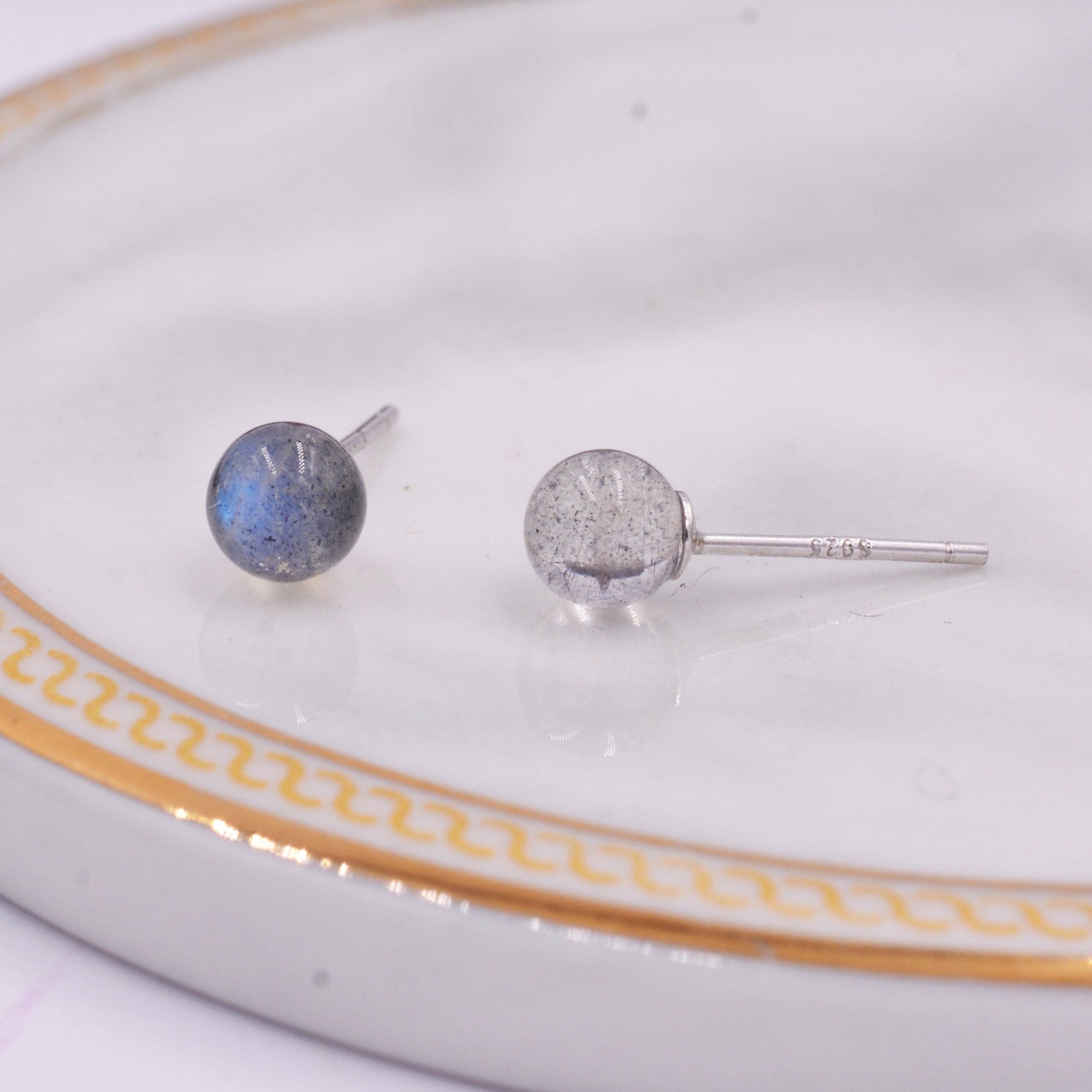 Grey Labradorite Gemstone Stud Earrings, Simple Ball Earrings, Sterling Silver Posts, Sphere Geometric Minimalist Design