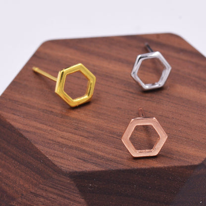 Sterling Silver Open Hexagon Stud Earrings, Silver, Gold and Rose Gold Finish Minimalist and Geometric Design