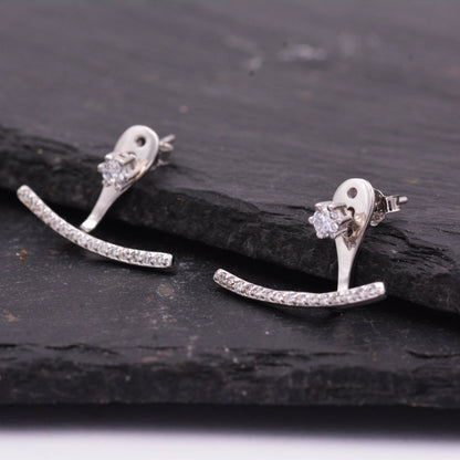 Sterling Silver Front and Back Stud Earrings Ear Jackets with Sparkly Crystals, Curved Bar Crawler Jacket Earrings