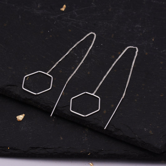 Sterling Silver Very Long Hexagon Threader Earrings, Open Geometric Shape Wire Earrings, Minimalist Simple Jewellery L37