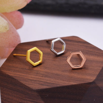 Sterling Silver Open Hexagon Stud Earrings, Silver, Gold and Rose Gold Finish Minimalist and Geometric Design