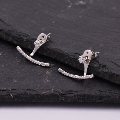 Sterling Silver Front and Back Stud Earrings Ear Jackets with Sparkly Crystals, Curved Bar Crawler Jacket Earrings