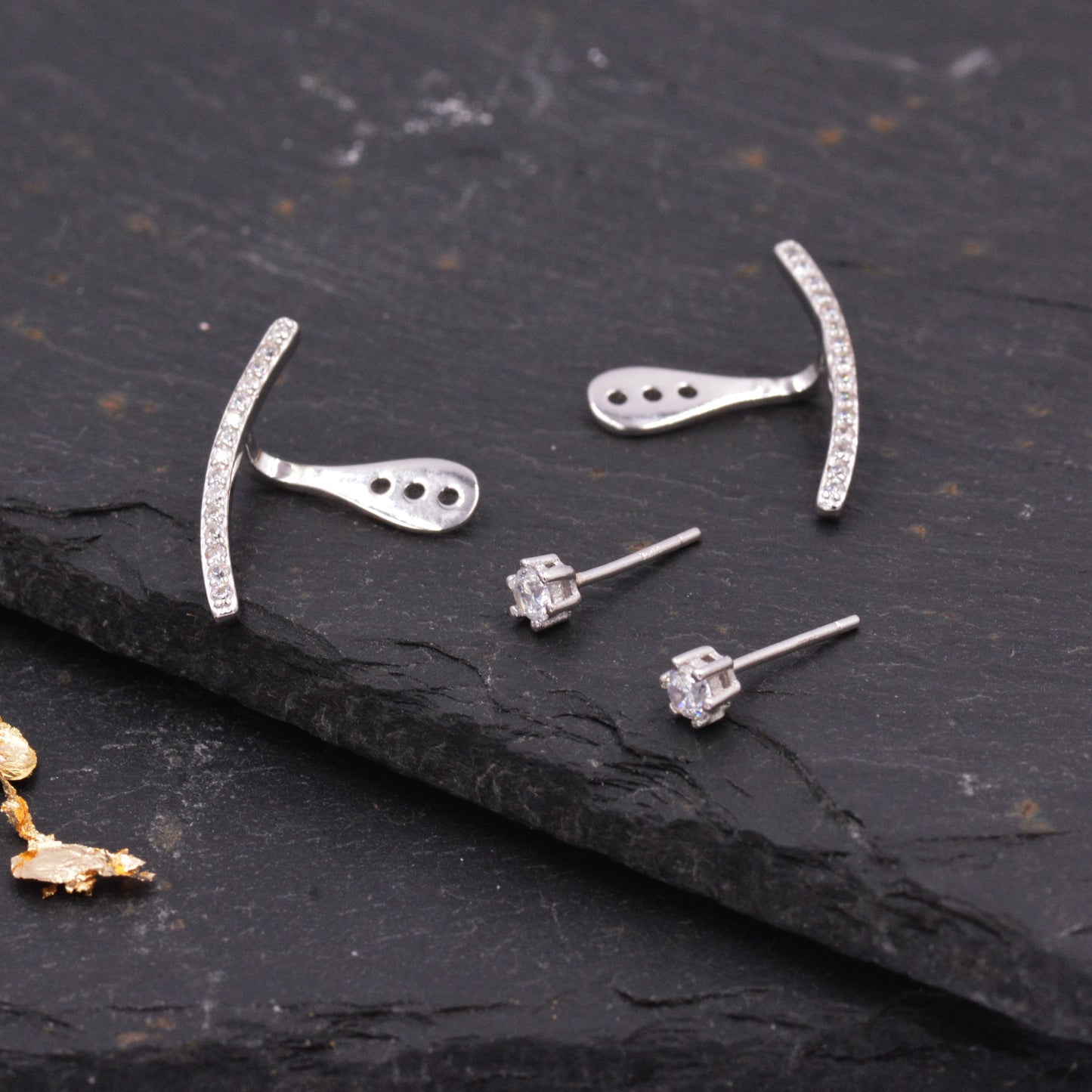 Sterling Silver Front and Back Stud Earrings Ear Jackets with Sparkly Crystals, Curved Bar Crawler Jacket Earrings