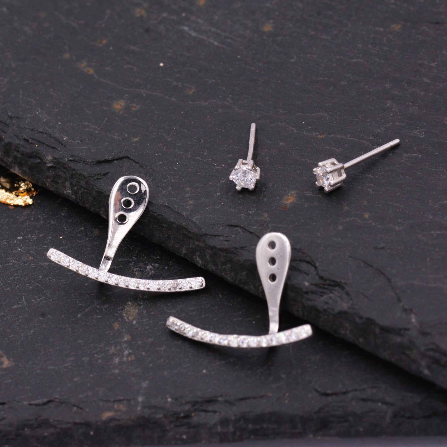 Sterling Silver Front and Back Stud Earrings Ear Jackets with Sparkly Crystals, Curved Bar Crawler Jacket Earrings