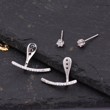 Sterling Silver Front and Back Stud Earrings Ear Jackets with Sparkly Crystals, Curved Bar Crawler Jacket Earrings