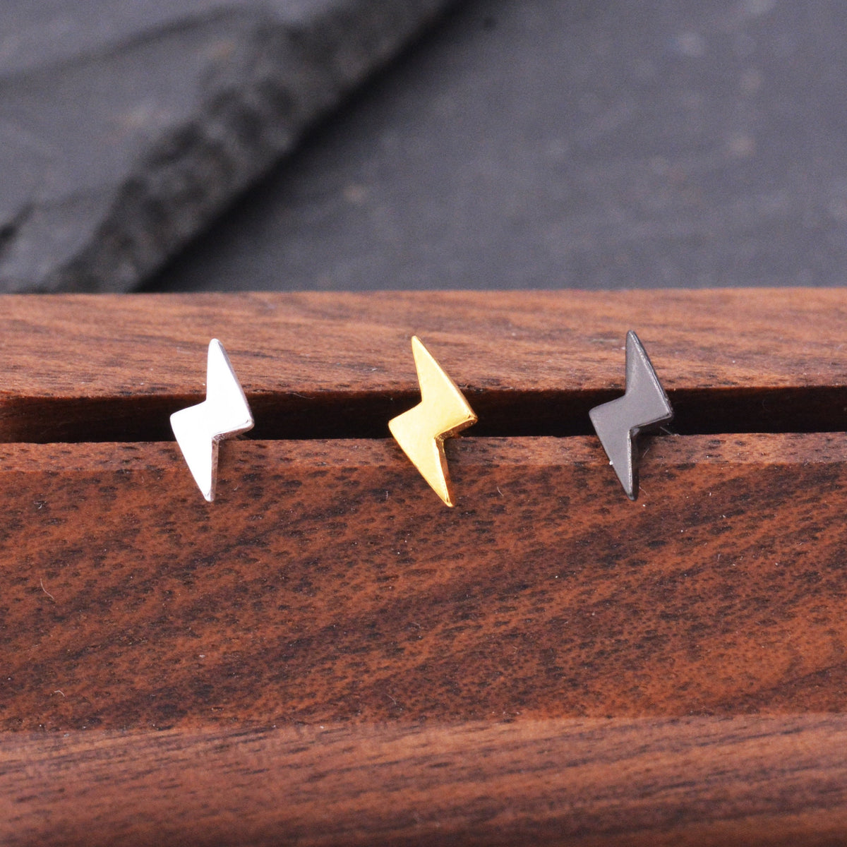 Extra Tiny Lightning Bolt Stud Earrings in Sterling Silver, Silver, Gold and Black, Barely Visible Earrings, Cute and Fun