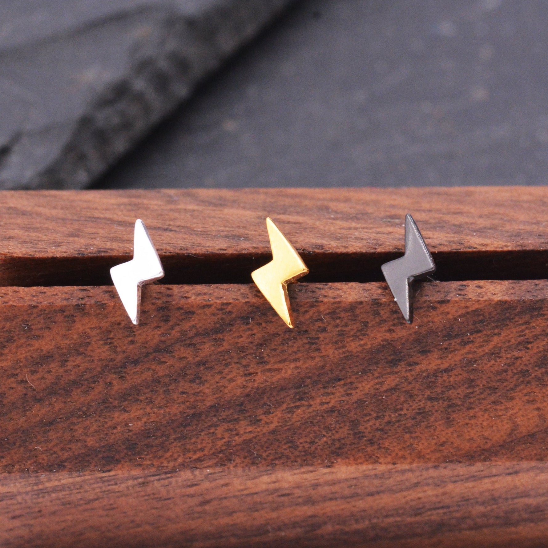 Extra Tiny Lightning Bolt Stud Earrings in Sterling Silver, Silver, Gold and Black, Barely Visible Earrings, Cute and Fun