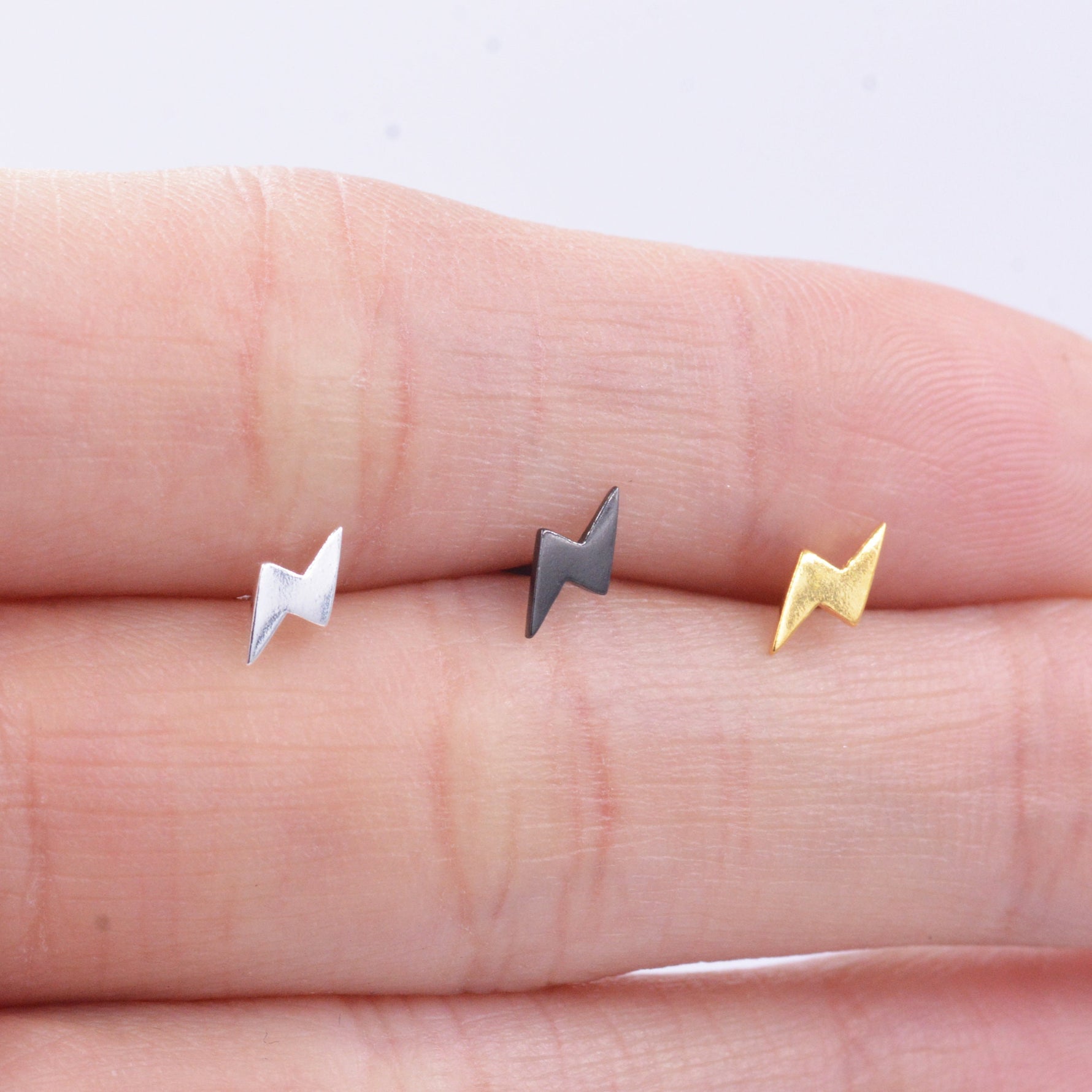 Extra Tiny Lightning Bolt Stud Earrings in Sterling Silver, Silver, Gold and Black, Barely Visible Earrings, Cute and Fun