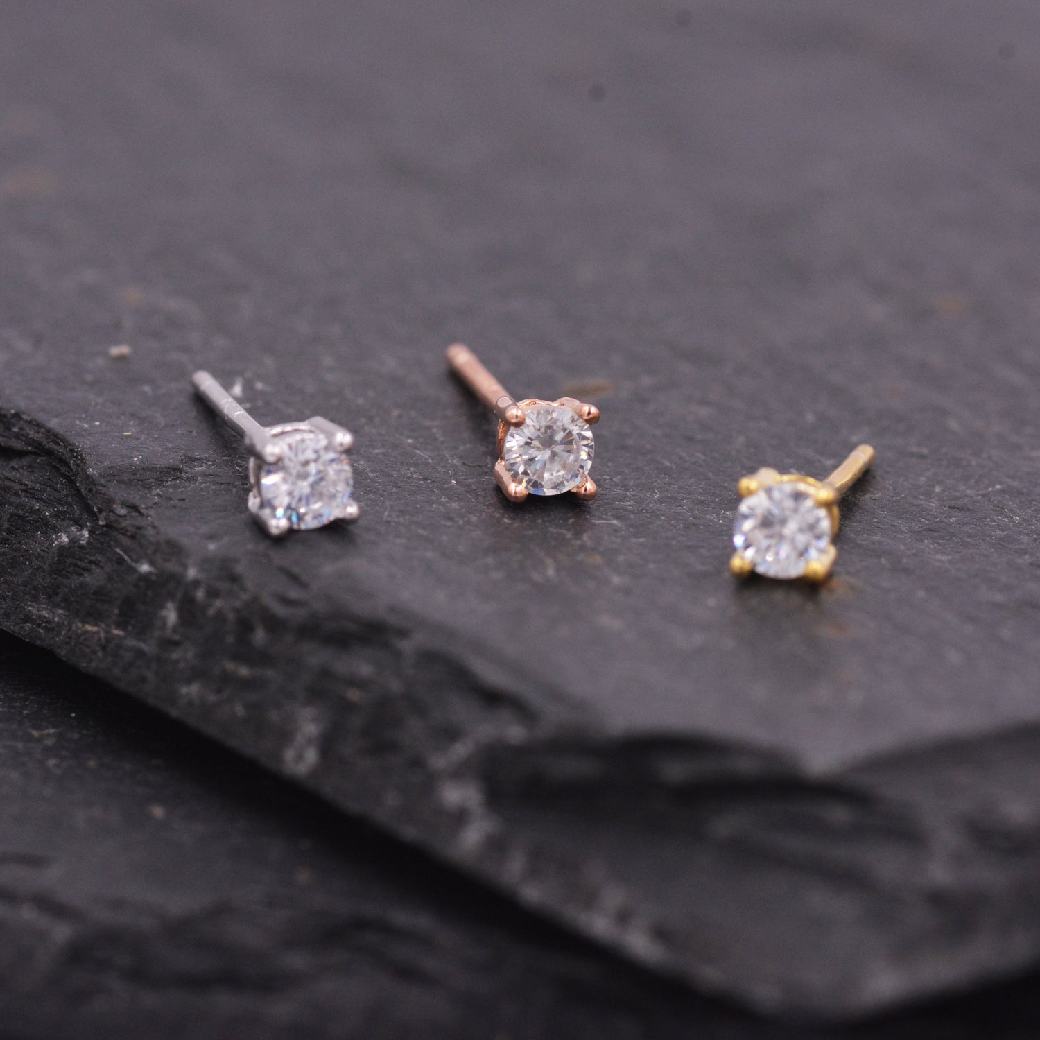 Sterling Silver Tiny Little Stud Earrings, Barely Visible, Extra Small CZ Stud, Silver, Gold and Rose Gold, Cubic Zirconia Crystal