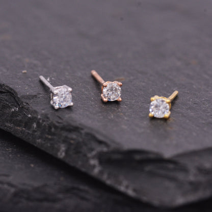 Sterling Silver Tiny CZ Stud Earrings, Barely Visible, 3mm or 4mm, Extra Small CZ Stud, Silver, Gold and Rose Gold, Cubic Zirconia Crystal