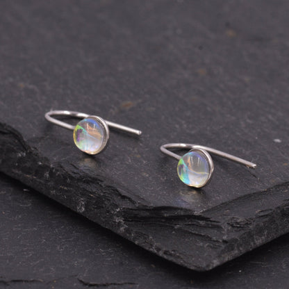 Sterling Silver Colour Changing Glass Drop Hook Earrings, Aurora Crystal, Simulated Moonstone, Minimalist Geometric Design, Coin Earrings