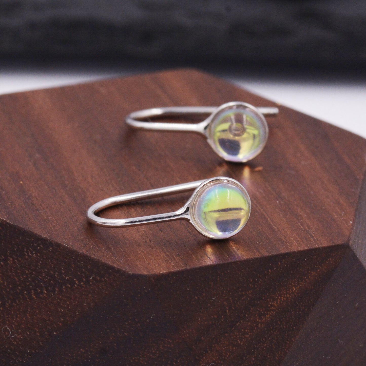 Sterling Silver Colour Changing Glass Drop Hook Earrings, Aurora Crystal, Simulated Moonstone, Minimalist Geometric Design, Coin Earrings