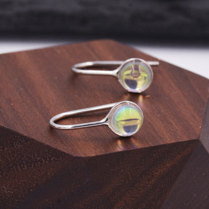 Sterling Silver Colour Changing Glass Drop Hook Earrings, Aurora Crystal, Simulated Moonstone, Minimalist Geometric Design, Coin Earrings