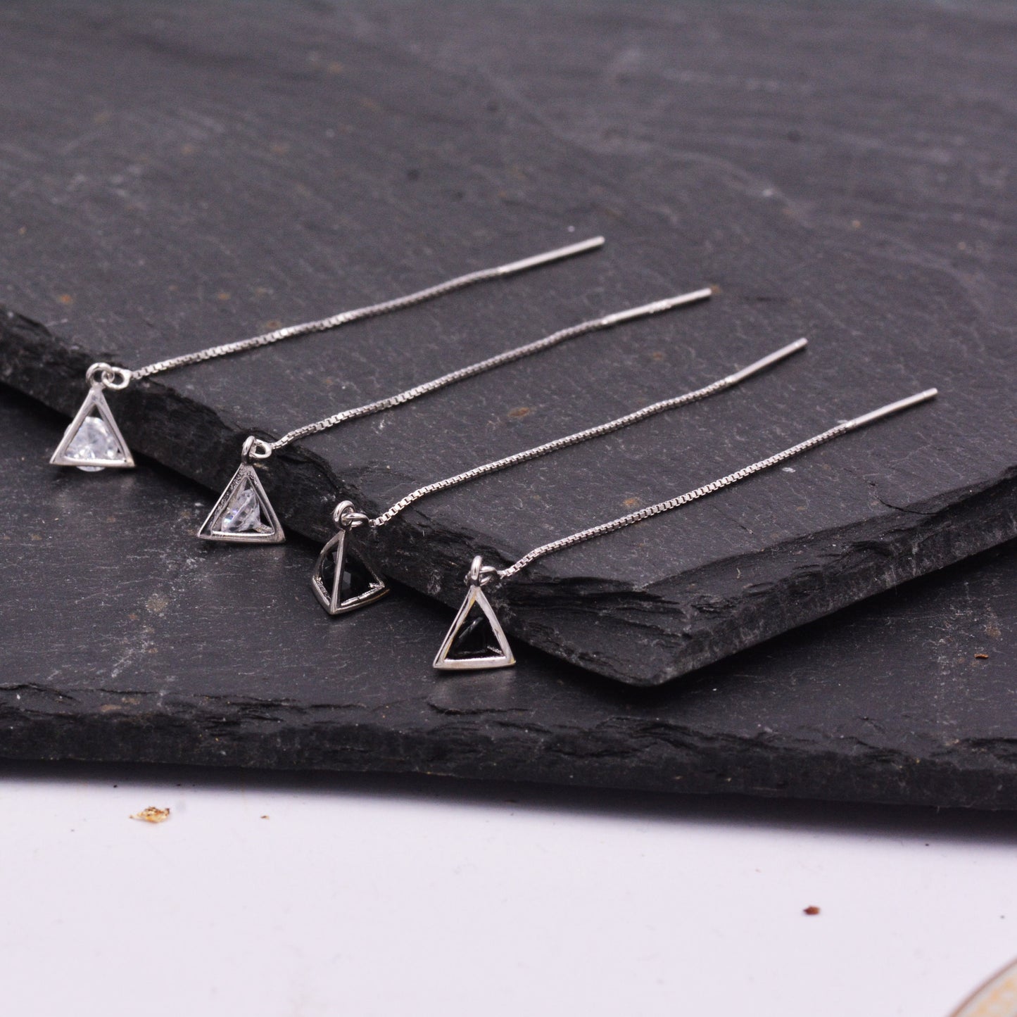 Sterling Silver Minimalist Caged Diamond Pyramid Triangle Ear Wire Threader Earrings, Minimalism Ear Threaders, Geometric Simple