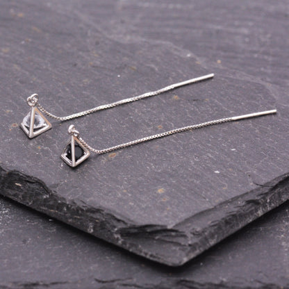 Sterling Silver Minimalist Caged Diamond Pyramid Triangle Ear Wire Threader Earrings, Minimalism Ear Threaders, Geometric Simple