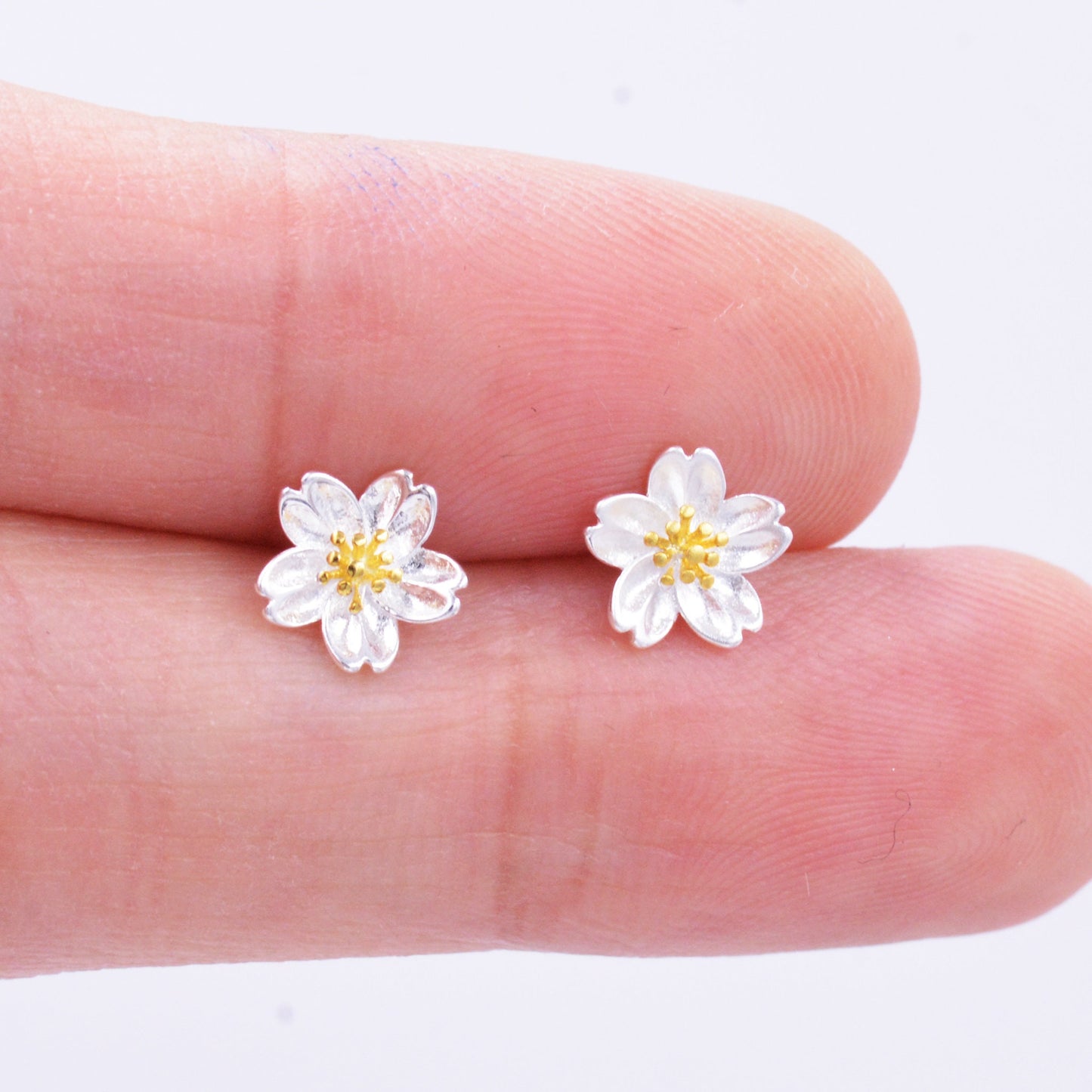 Sterling Silver Dainty Little Cherry Blossom Flower Floral Stud Earrings,  Textured Finish, Cute and Sweet Design, 18ct Gold Plate