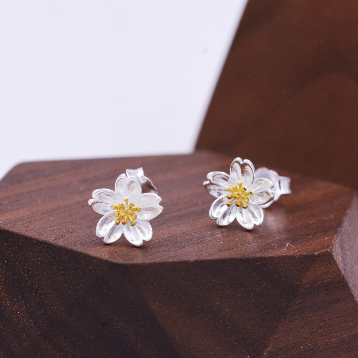 Sterling Silver Dainty Little Cherry Blossom Flower Floral Stud Earrings,  Textured Finish, Cute and Sweet Design, 18ct Gold Plate