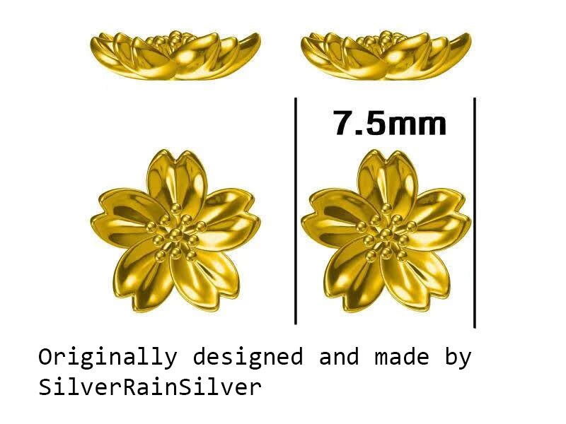 Sterling Silver Dainty Little Cherry Blossom Flower Floral Stud Earrings, Textured Finish, Cute and Sweet Design, 18ct Gold Plate