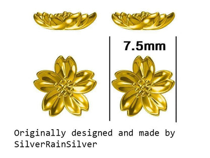 Sterling Silver Dainty Little Cherry Blossom Flower Floral Stud Earrings,  Textured Finish, Cute and Sweet Design, 18ct Gold Plate