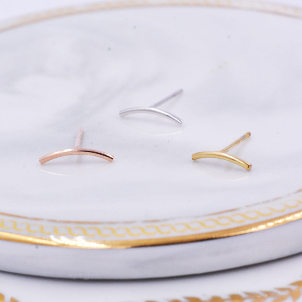 Sterling Silver Curved Bar Stud Earrings, Rose gold and Gold, Delicate and Dainty Geometric Jewellery