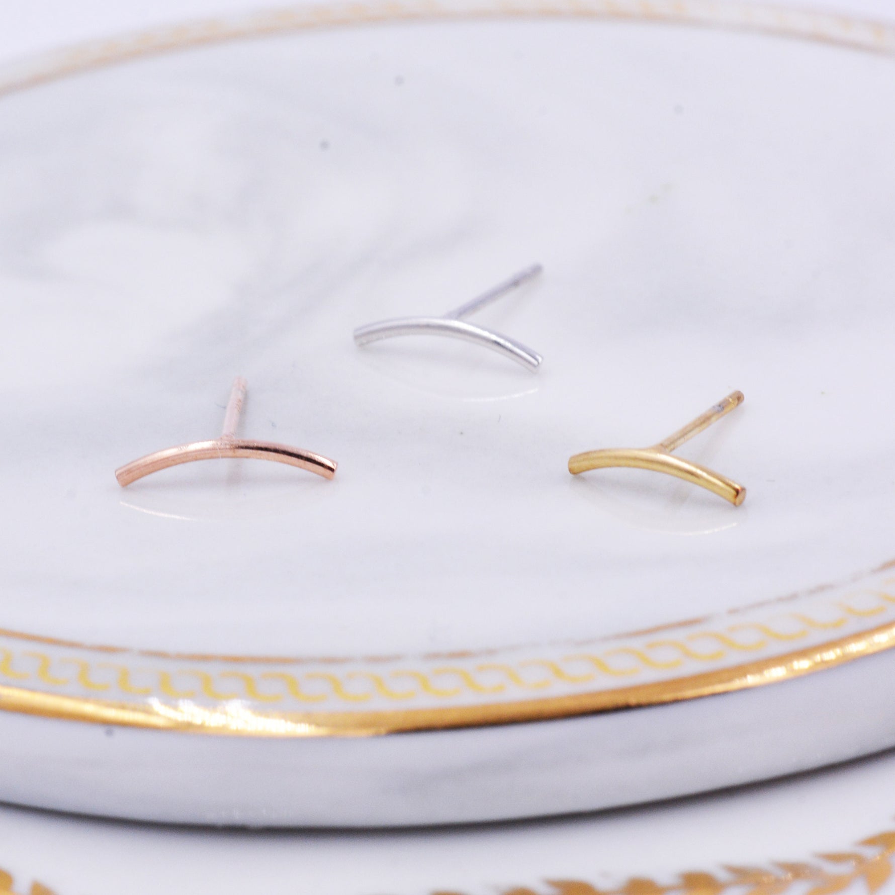 Sterling Silver Curved Bar Stud Earrings, Rose gold and Gold, Delicate and Dainty Geometric Jewellery