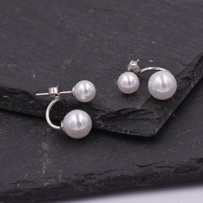 Sterling Silver Front and Back Stud Earrings Ear Jackets with Simulated Pearls, Simple and Elegant, Mother of Pearl Ear Jacket