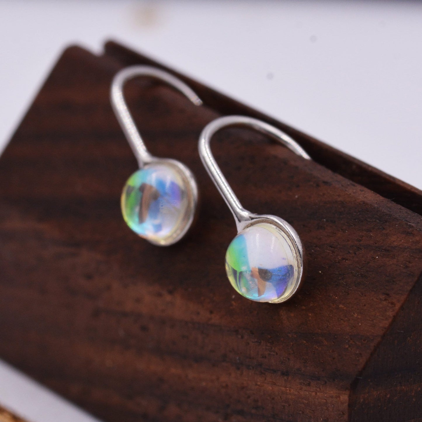 Sterling Silver Colour Changing Glass Drop Hook Earrings, Aurora Crystal, Simulated Moonstone, Minimalist Geometric Design, Coin Earrings