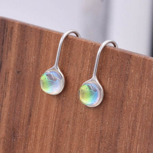 Sterling Silver Colour Changing Glass Drop Hook Earrings, Aurora Crystal, Simulated Moonstone, Minimalist Geometric Design, Coin Earrings