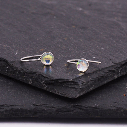 Sterling Silver Colour Changing Glass Drop Hook Earrings, Aurora Crystal, Simulated Moonstone, Minimalist Geometric Design, Coin Earrings