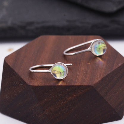 Sterling Silver Colour Changing Glass Drop Hook Earrings, Aurora Crystal, Simulated Moonstone, Minimalist Geometric Design, Coin Earrings