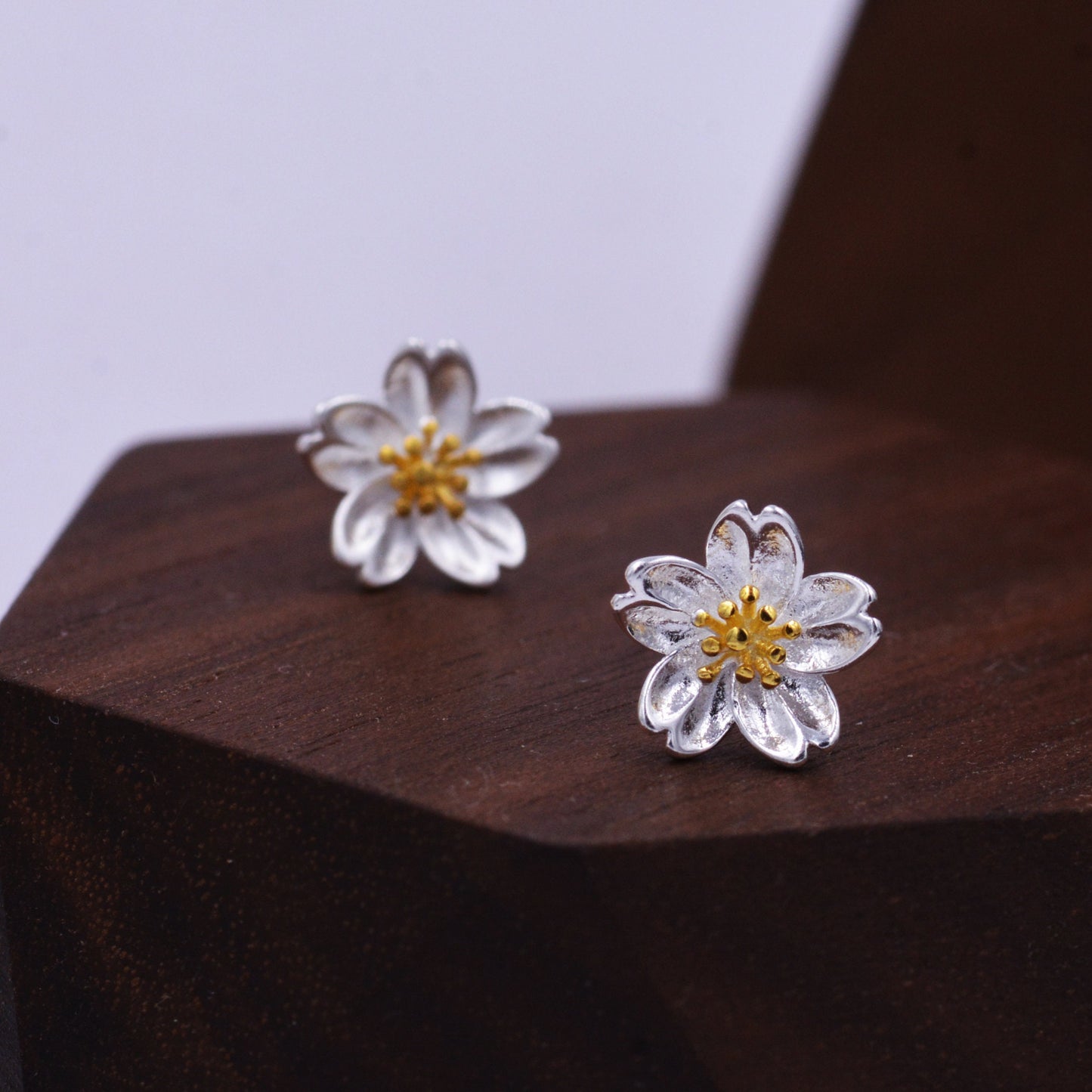 Sterling Silver Dainty Little Cherry Blossom Flower Floral Stud Earrings,  Textured Finish, Cute and Sweet Design, 18ct Gold Plate