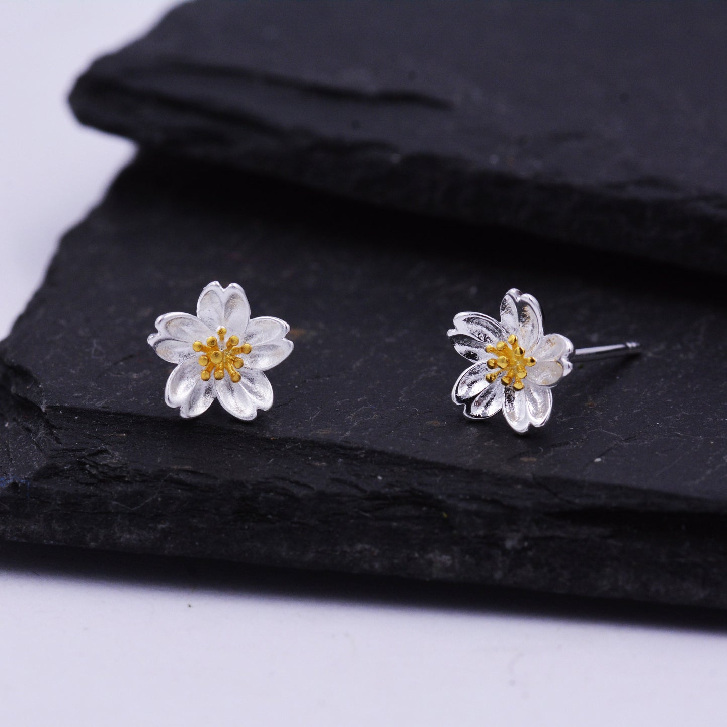 Sterling Silver Dainty Little Cherry Blossom Flower Floral Stud Earrings,  Textured Finish, Cute and Sweet Design, 18ct Gold Plate