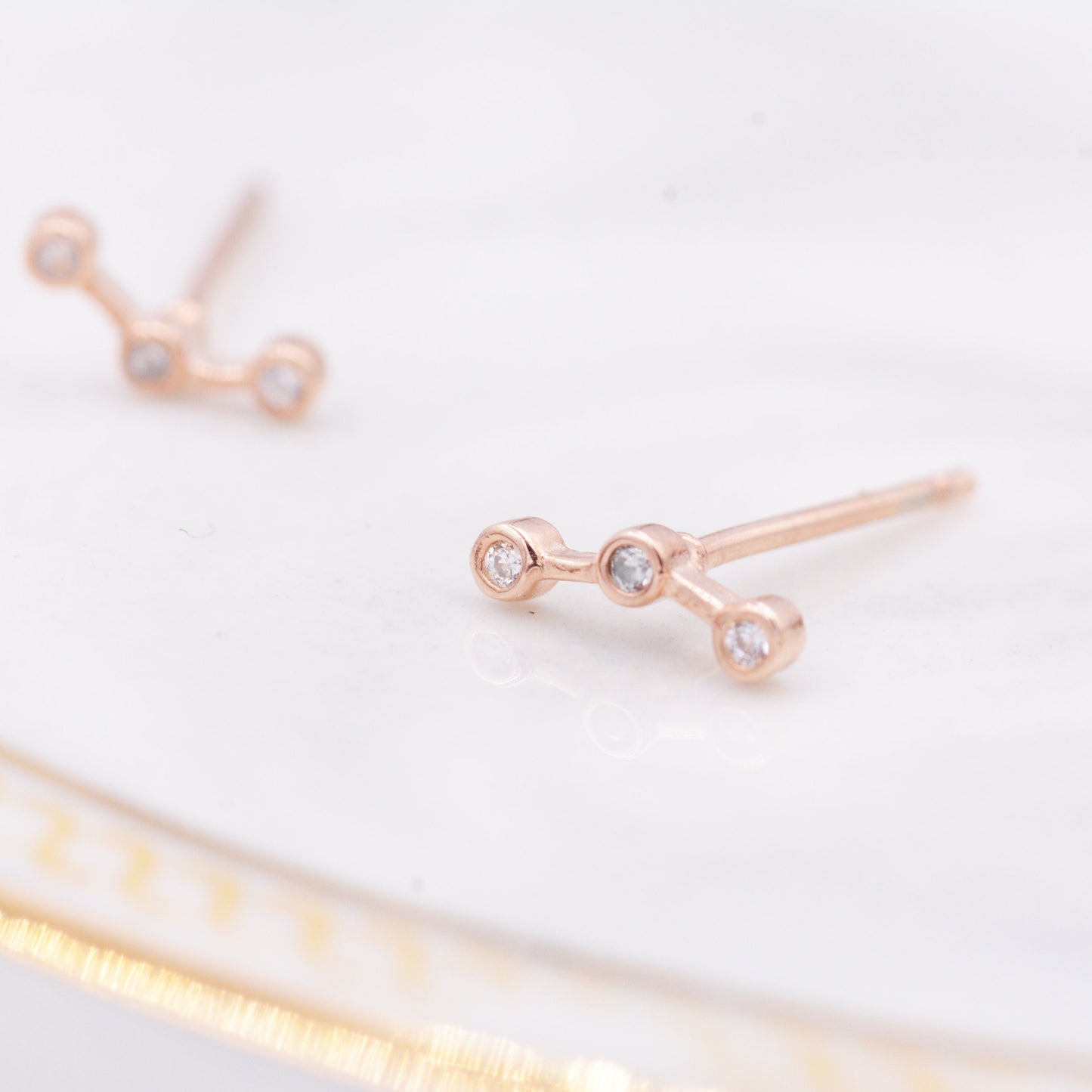 Sterling Silver Three Dot Stud Earrings, CZ Trio Constellation Design, Rose Gold Coated Silver, Dainty and Delicate Tiny Jewellery