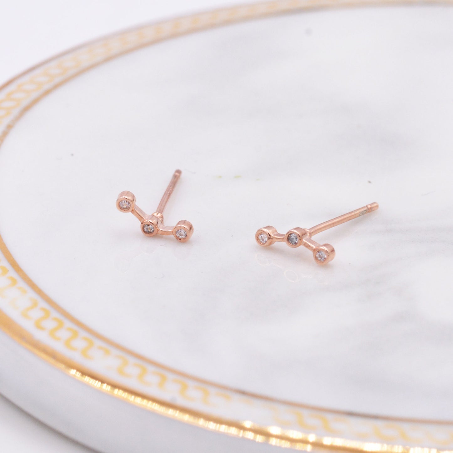 Sterling Silver Three Dot Stud Earrings, CZ Trio Constellation Design, Rose Gold Coated Silver, Dainty and Delicate Tiny Jewellery