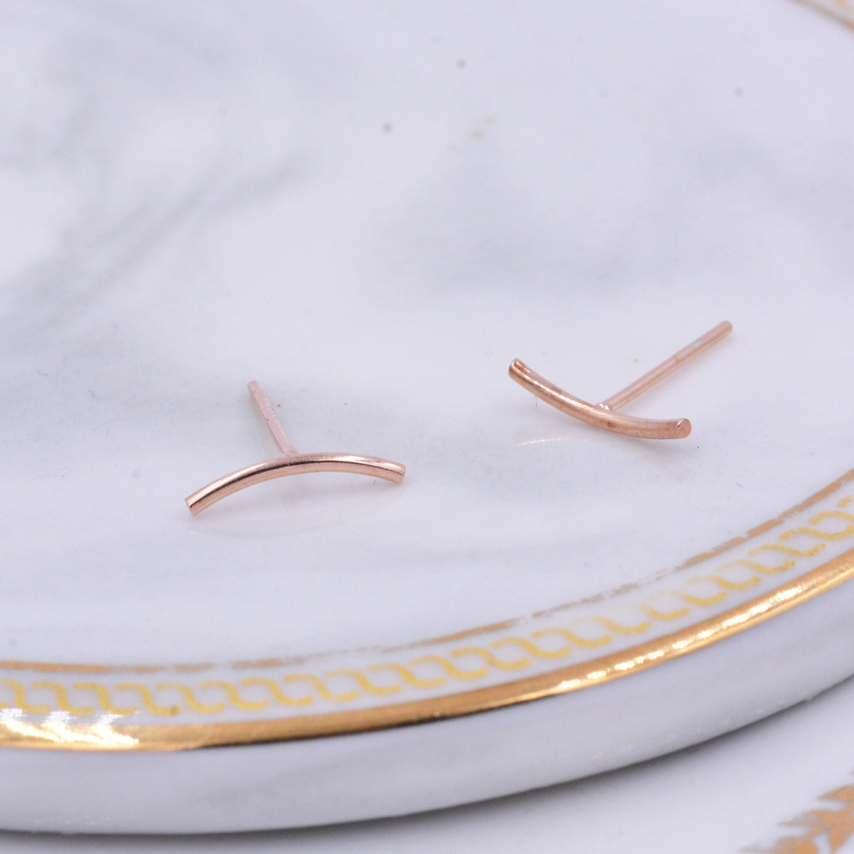 Sterling Silver Curved Bar Stud Earrings, Rose gold and Gold, Delicate and Dainty Geometric Jewellery