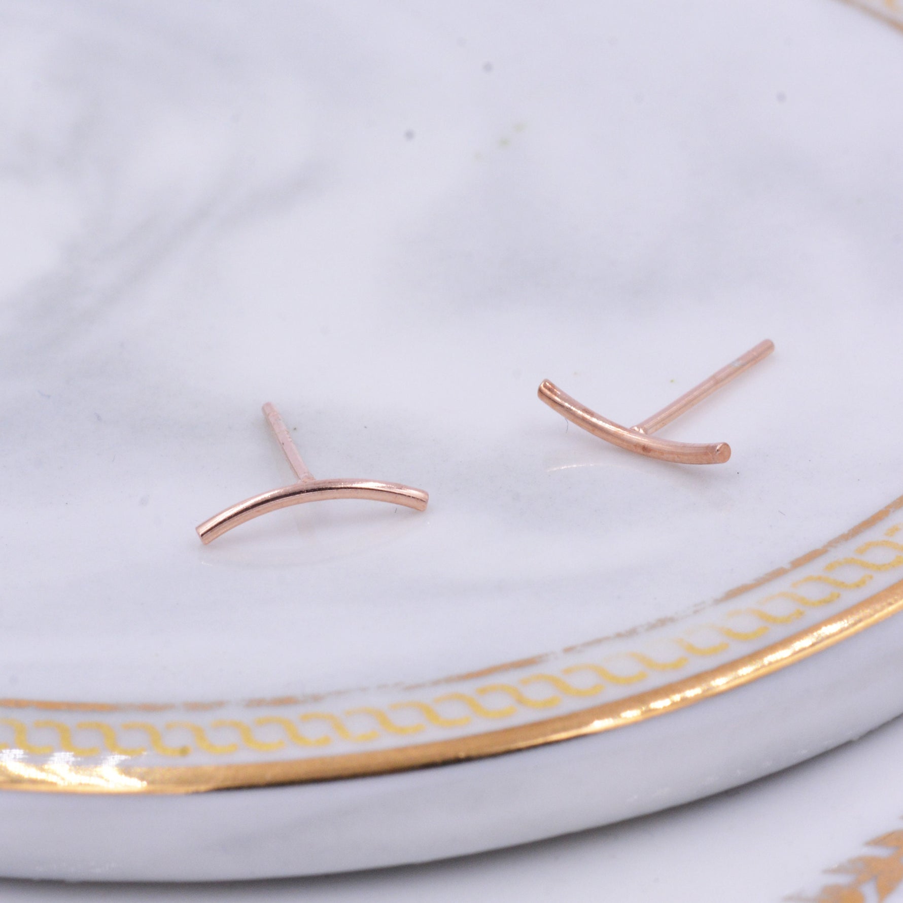 Sterling Silver Curved Bar Stud Earrings, Rose gold and Gold, Delicate and Dainty Geometric Jewellery