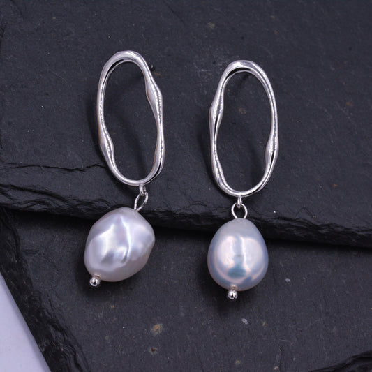 Sterling Silver Irregular Hoop Drop Stud Earrings with Baroque Pearls, Genuine Freshwater Pearls, 18ct Gold Plated Silver