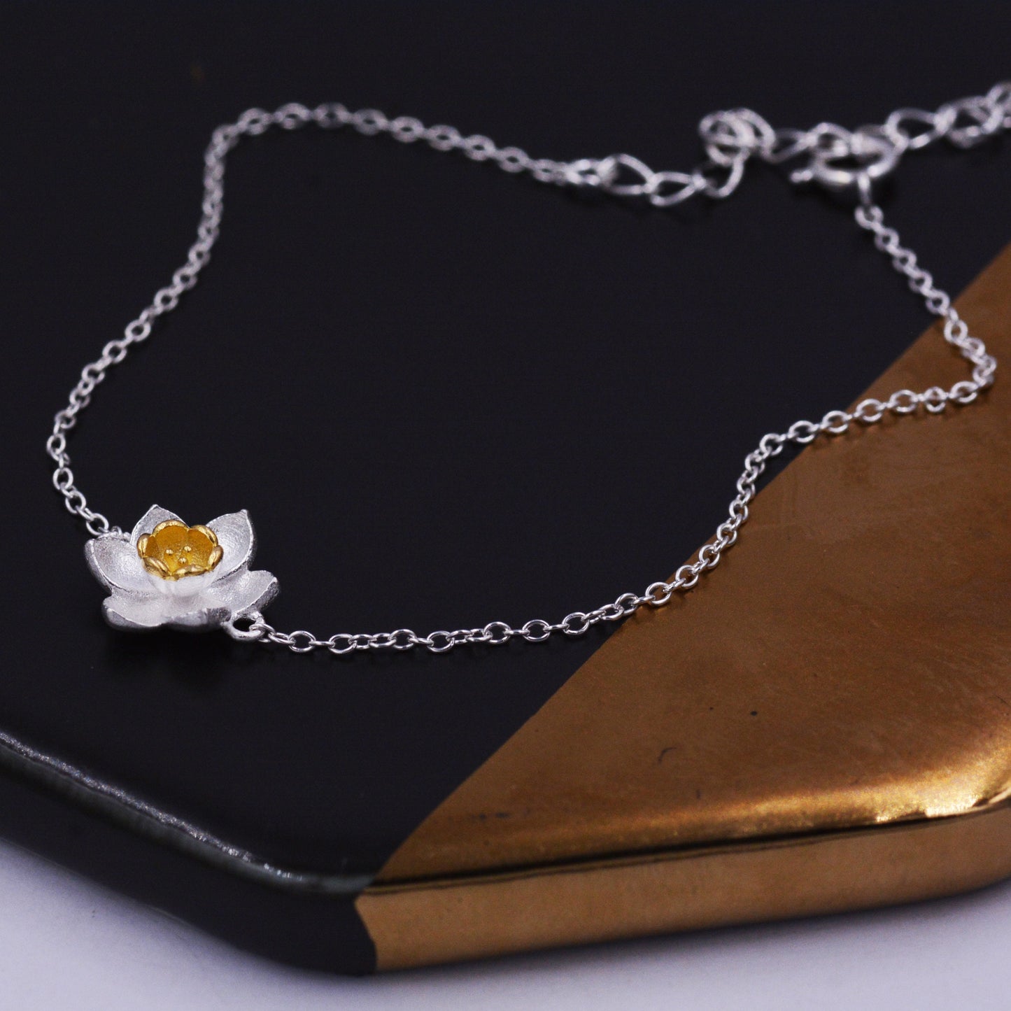 Delicate Daffodil Bracelet in Sterling Silver, Nature Inspired Flower Jewellery,  Minimalist, Simple and Tiny