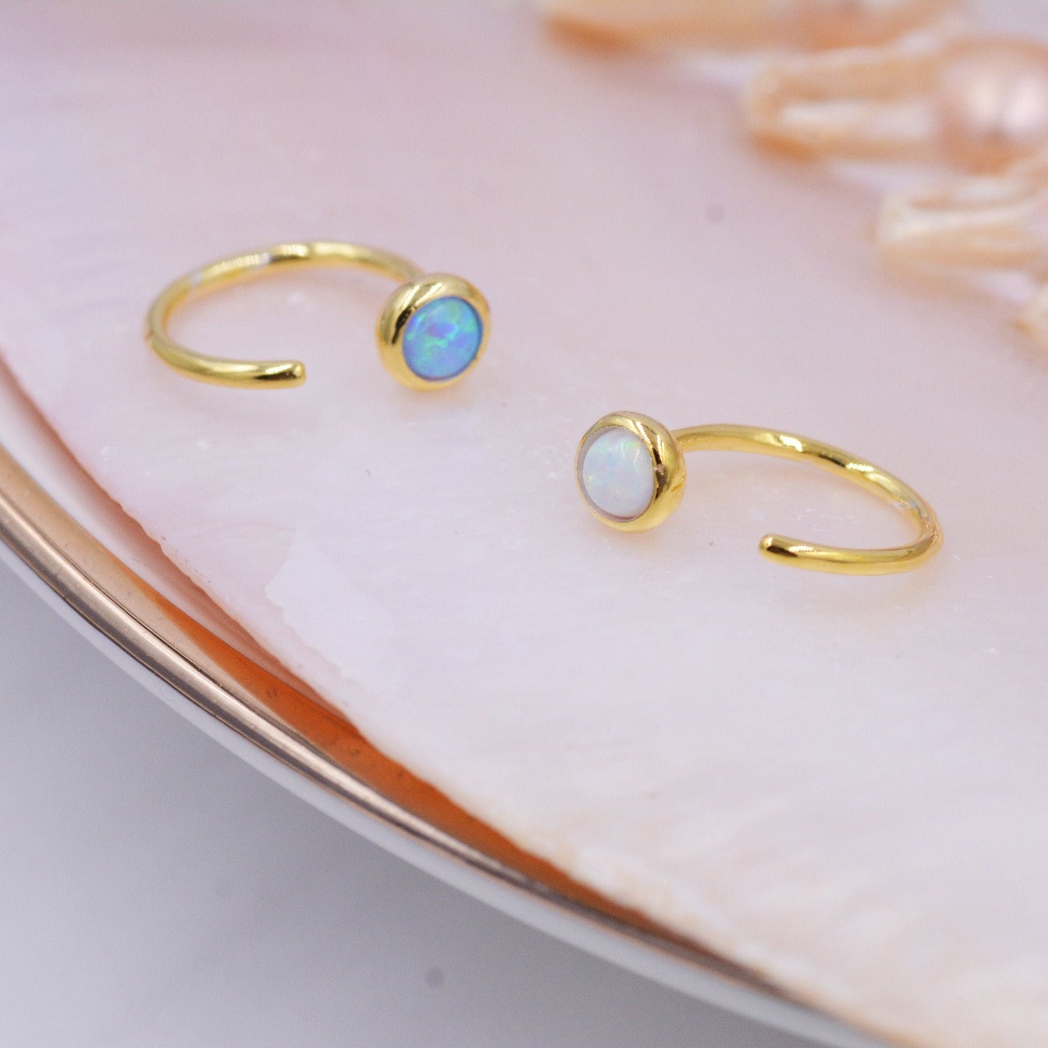 Minimalist Opal Huggie Hoop Threader Earrings in Sterling Silver, Gold or Silver, Pull Through Open Hoop Earrings, Fire Opal and Blue Opal