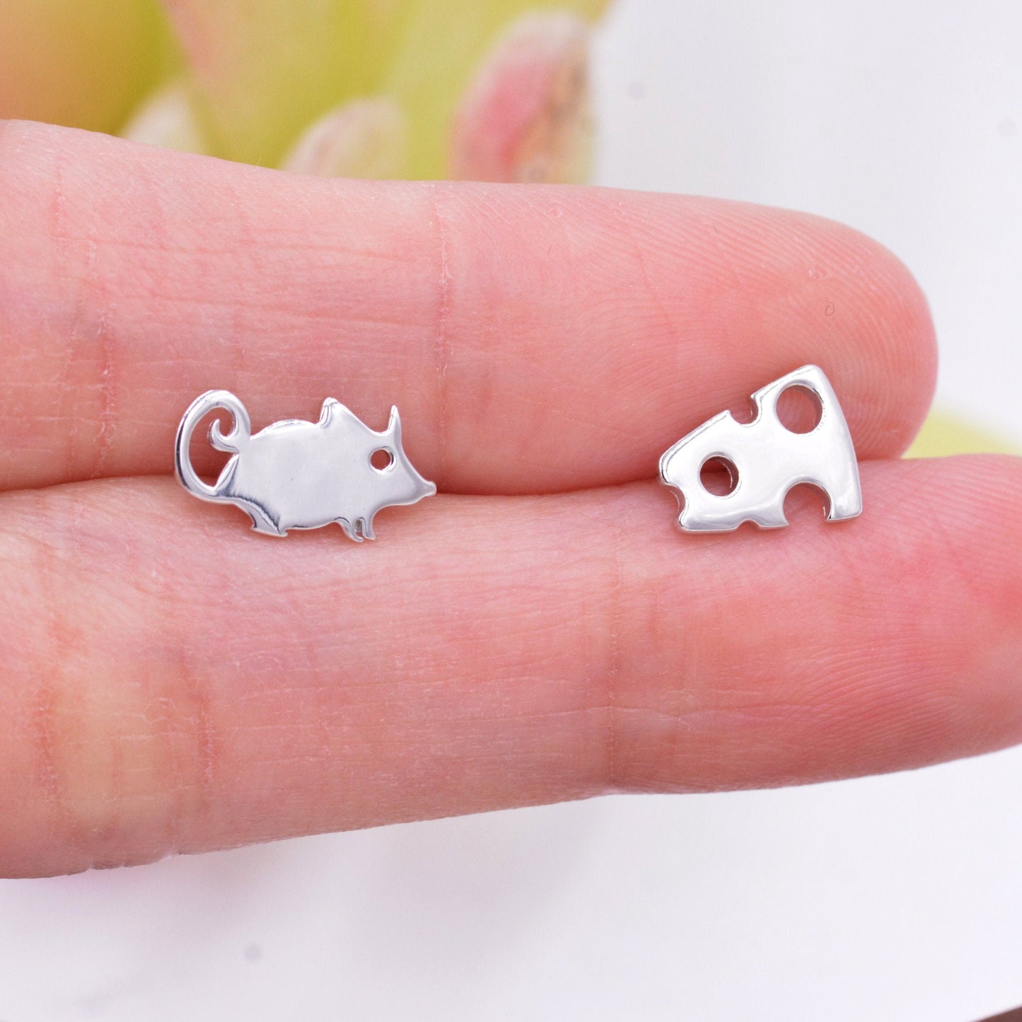Mouse and Cheese Stud Earrings in Sterling Silver, Cute Fun Quirky Animal Jewellery, Animal Lover, Nature Inspired