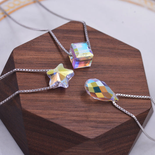 Sterling Silver Tiny Little Colour Changing Crystal Pendant Necklace  - Minimalist Design -  Square Cube, Droplet and Star - 16'' - 18'';