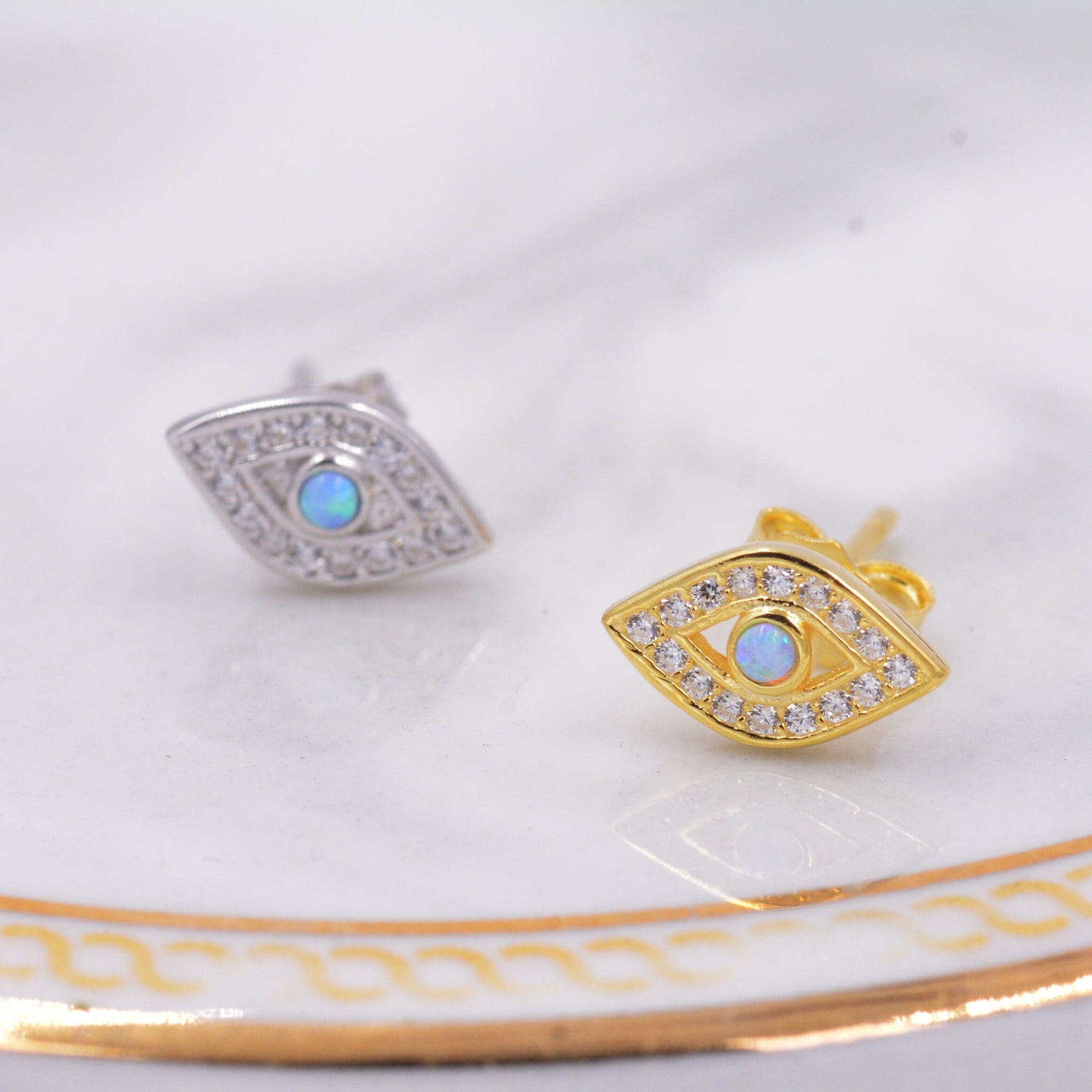Sterling Silver Blue Opal Evil Eye Stud Earrings, Gold and Silver, Cute and Quirky Jewellery