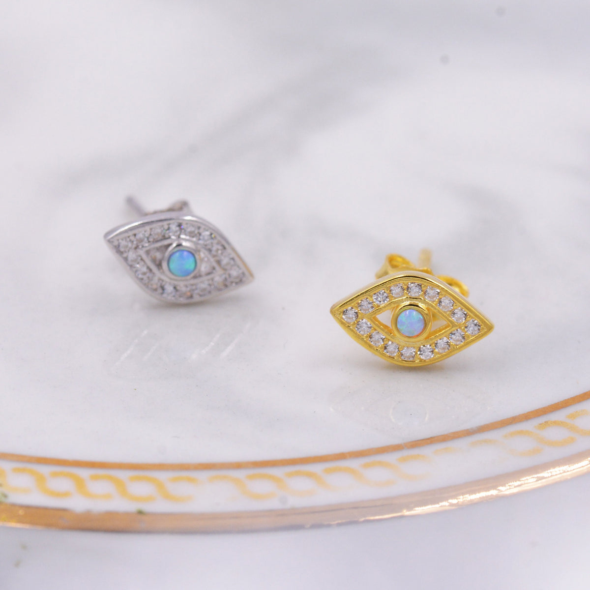 Sterling Silver Blue Opal Evil Eye Stud Earrings, Gold and Silver, Cute and Quirky Jewellery