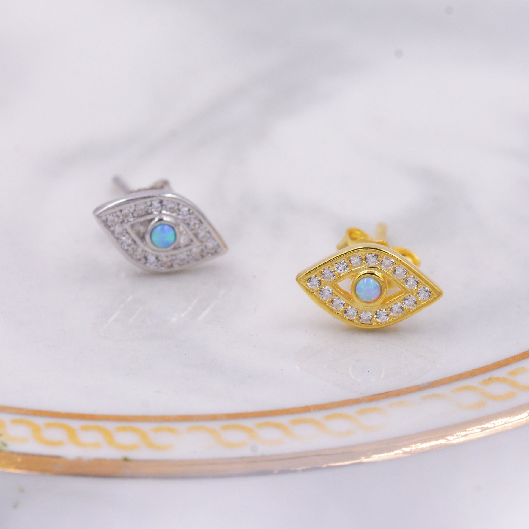 Sterling Silver Blue Opal Evil Eye Stud Earrings, Gold and Silver, Cute and Quirky Jewellery