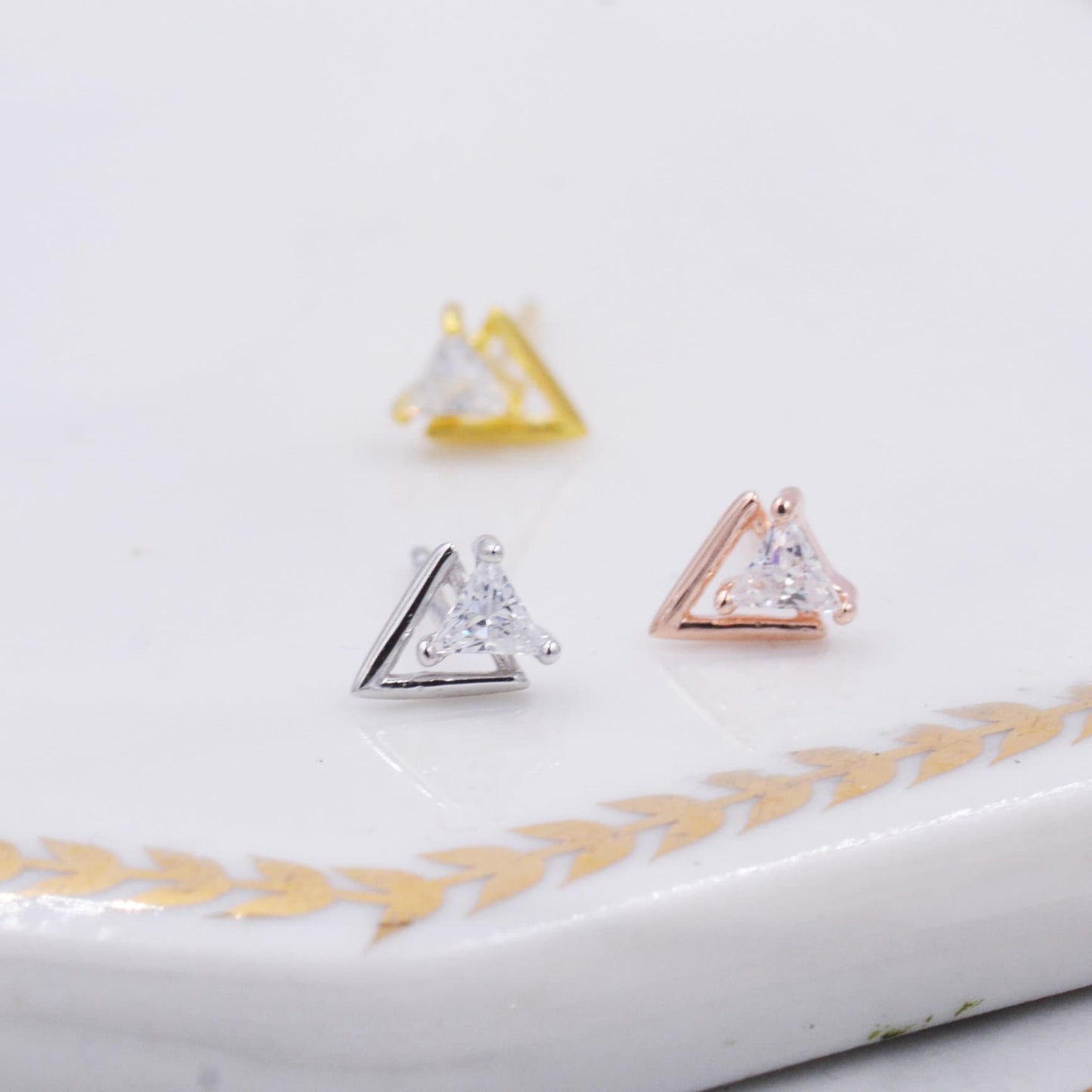 Tiny Double Triangle Arrow Arrowhead Stud Earrings, Rose Gold, Gold or Silver, Chevron Geometric Minimalist Design