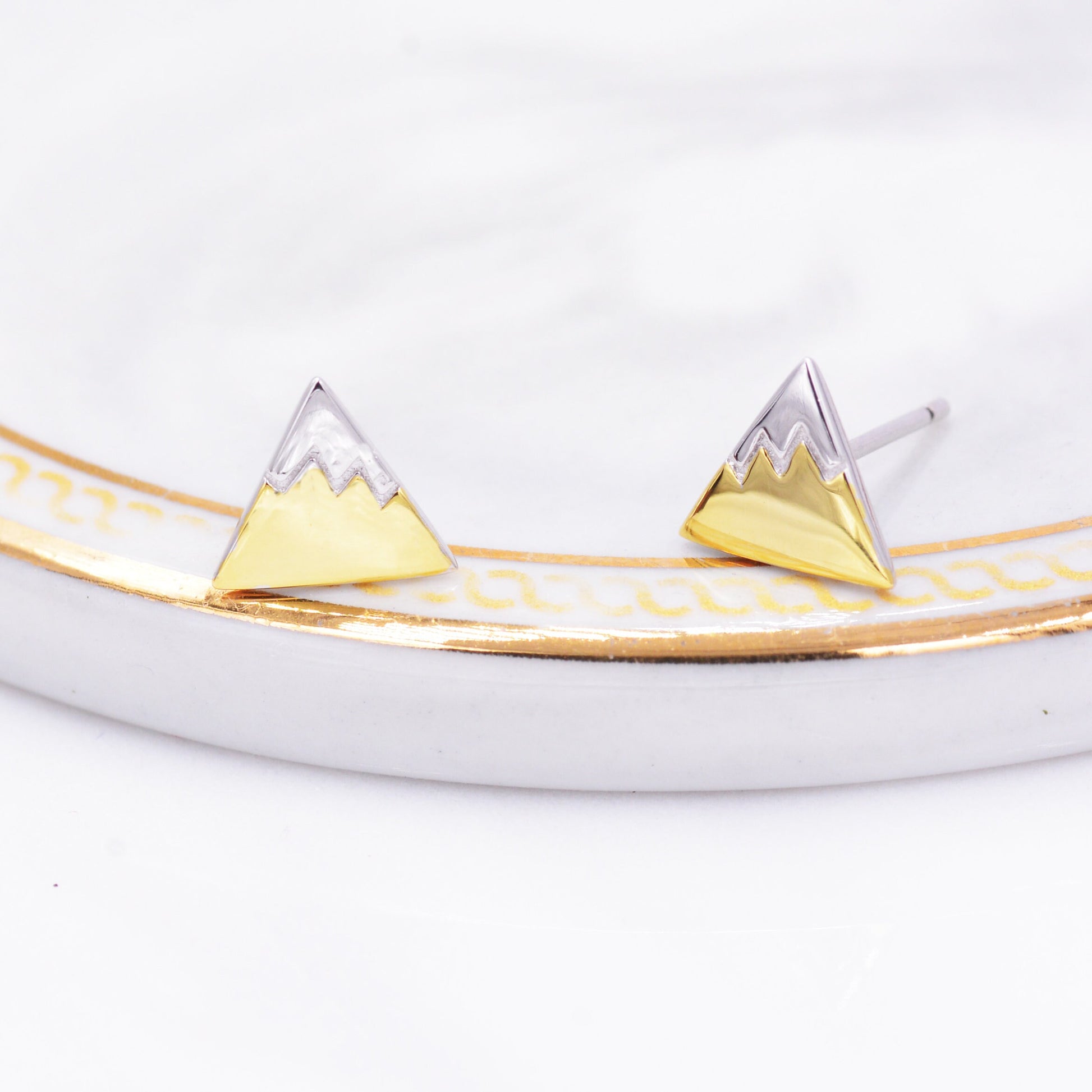 Sterling Silver Fuji Mountain Stud Earrings with 18ct Gold Coating, Nature Inspired Snowy Mountain Earrings, Cute and Quirky
