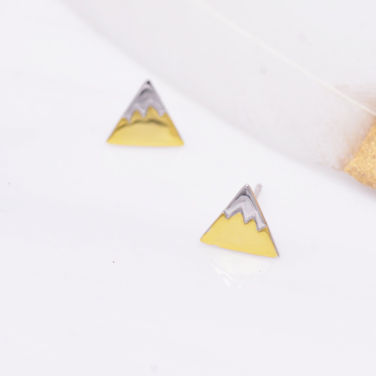 Sterling Silver Fuji Mountain Stud Earrings with 18ct Gold Coating, Nature Inspired Snowy Mountain Earrings, Cute and Quirky