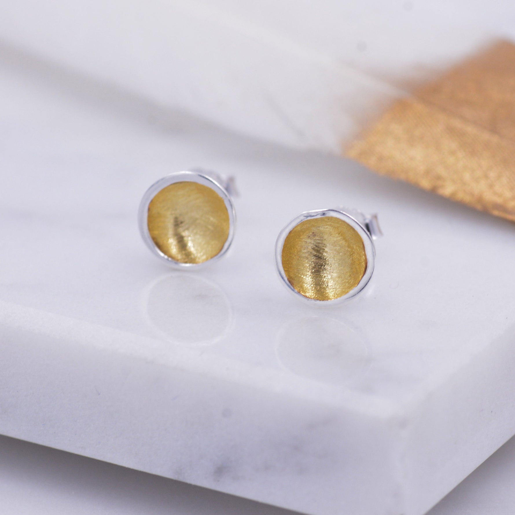 Heart of Gold Little Cup Stud Earrings in Sterling Silver - Geometric Circle Dot Minimalist Design - Plated with 18ct Gold