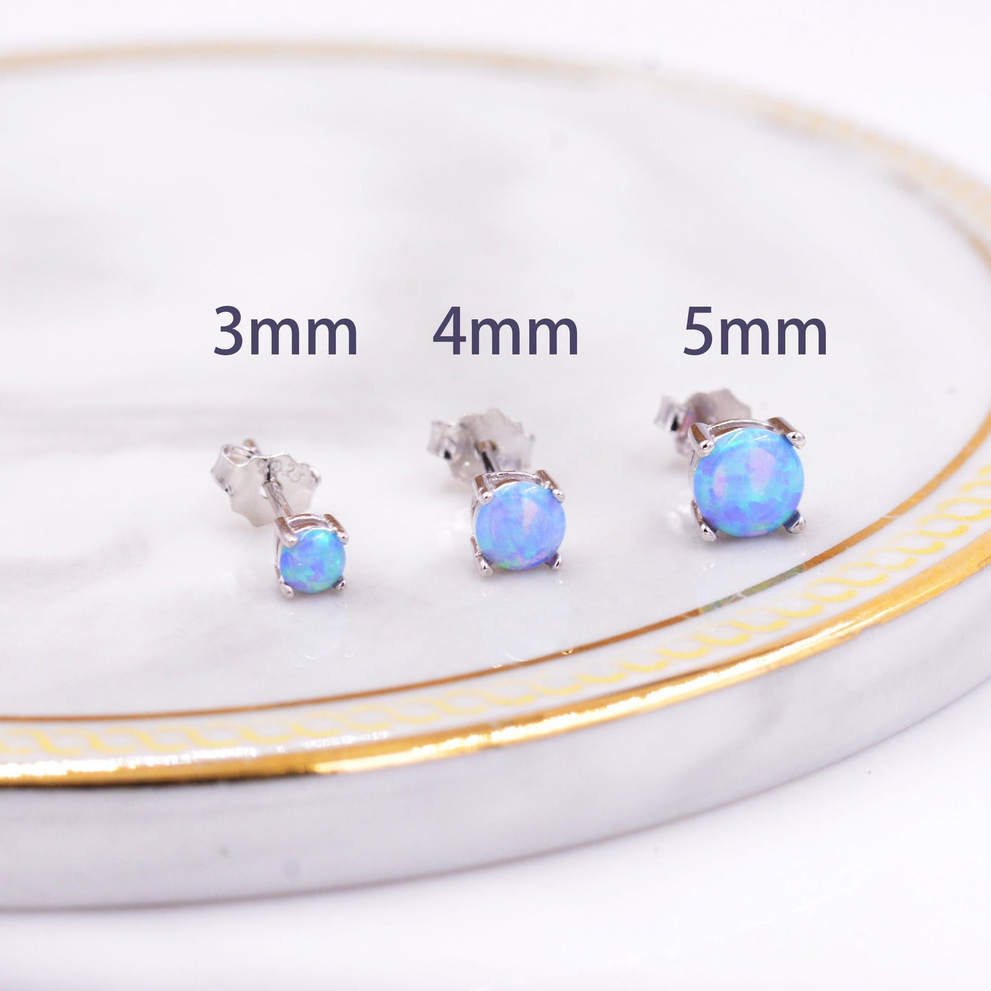 Minimalist Opal Stud Earrings in Sterling Silver, Simulated White or Blue Opal, Tiny Circle Dot Jewellery